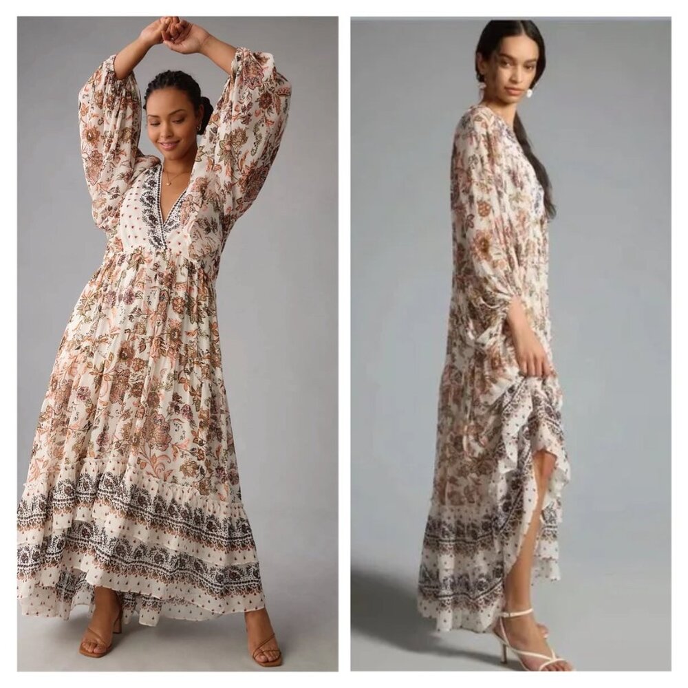 Anthropologie Floral Maxi Dress - Cream and Brown - Picture 3 of 5